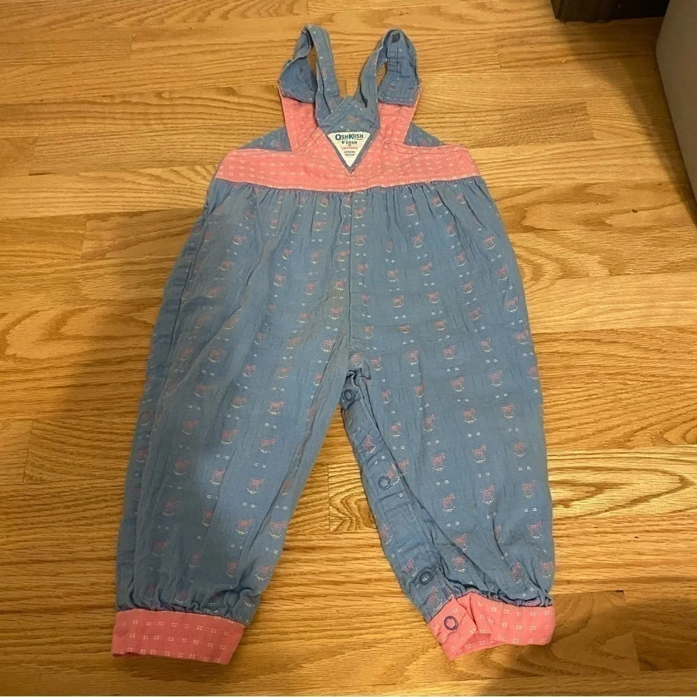 Vintage Oshkosh Denim Overalls Bow 24 mos Vestpak V-back Pink Made in USA